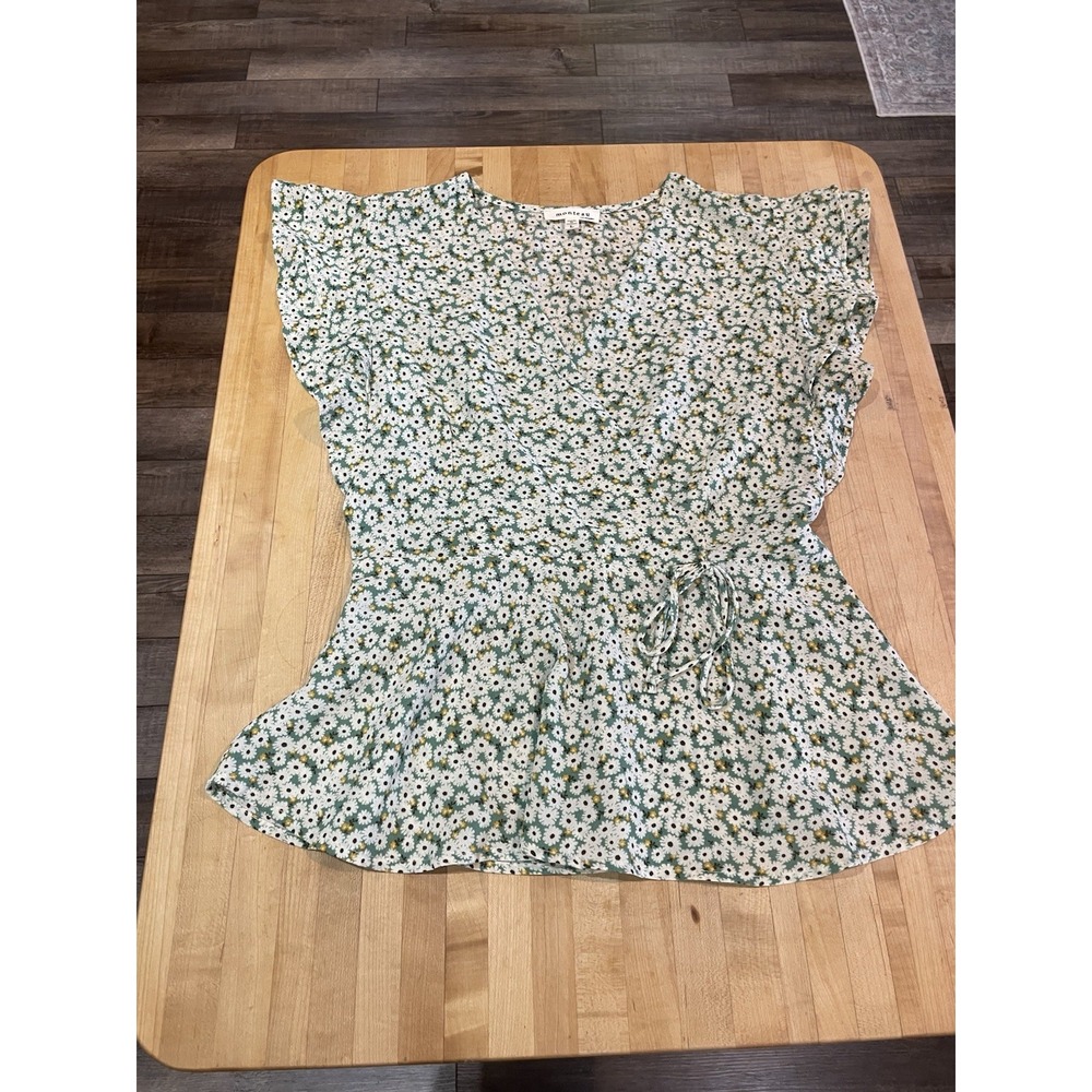 Monteau Women's Green & White Floral Blouse Mini Flower Large Coquette Romantic